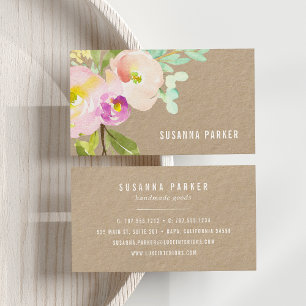 Blush Bloom   Waterverf Floral Kraft Visitekaartje