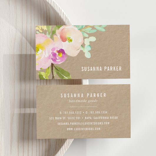 Blush Bloom | Waterverf Floral Kraft Visitekaartje