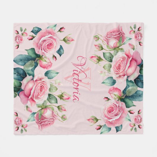 Blush Blooms: Een Waterverf Roos fleece deken (Voorkant (Horizontaal))