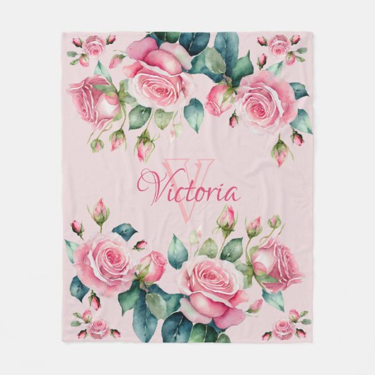 Blush Blooms: Een Waterverf Roze Fleece Deken (Voorkant)