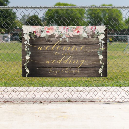 Blush Blooms Fancy Goud Kalligrafie Hout Welkom Spandoek (Insitu)