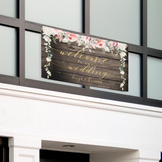 Blush Blooms Fancy Goud Kalligrafie Hout Welkom Spandoek (Buitenkant Gebouw)
