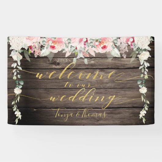 Blush Blooms Fancy Goud Kalligrafie Hout Welkom Spandoek (Horizontaal)