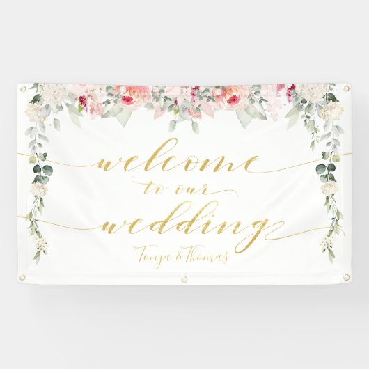 Blush Blooms Fancy gouden kalligrafie Welkom Spandoek (Horizontaal)