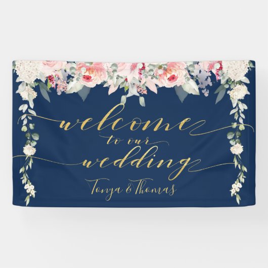 Blush Blooms Fancy gouden kalligrafie Welkom Spandoek (Horizontaal)