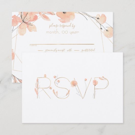 Blush & Blooms Gouden Waterverf Abstracte Bloemen RSVP Kaartje (Voorkant / Achterkant)