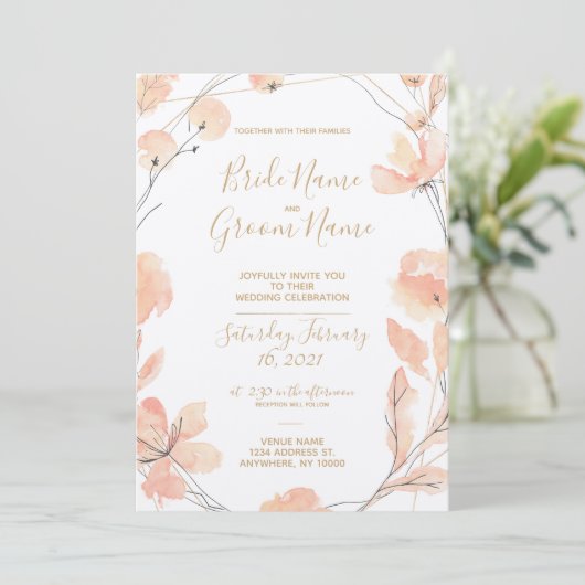 Blush & Blooms Waterverf Bloemen & Goud Bruiloft Kaart (Staand voorkant)