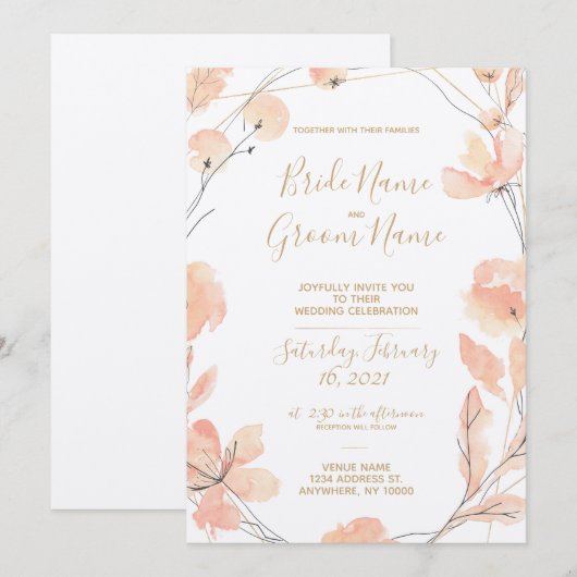 Blush & Blooms Waterverf Bloemen & Goud Bruiloft Kaart (Voorkant / Achterkant)