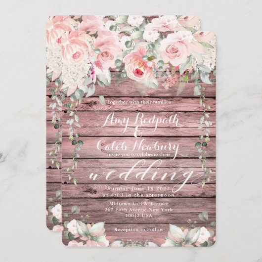Blush & Blooms Wedding Roos Wood Rustige Barn Boar Kaart (Voorkant / Achterkant)
