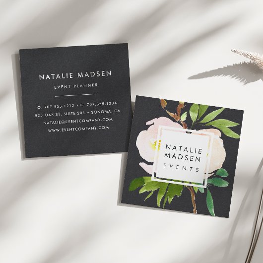 Blush Blooms | Zwart Vierkante Visitekaartje