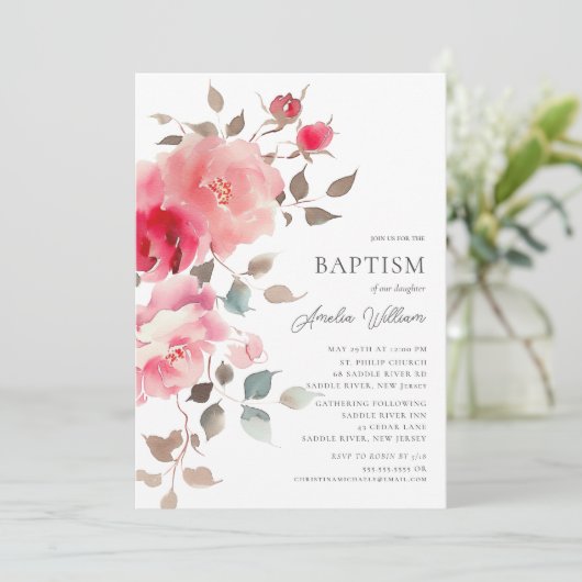 Blush Blossoms Baptisme Uitnodiging (Staand voorkant)