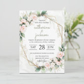 Blush Blossoms: Chique Gold-Framed bruiloft Kaart (Staand voorkant)