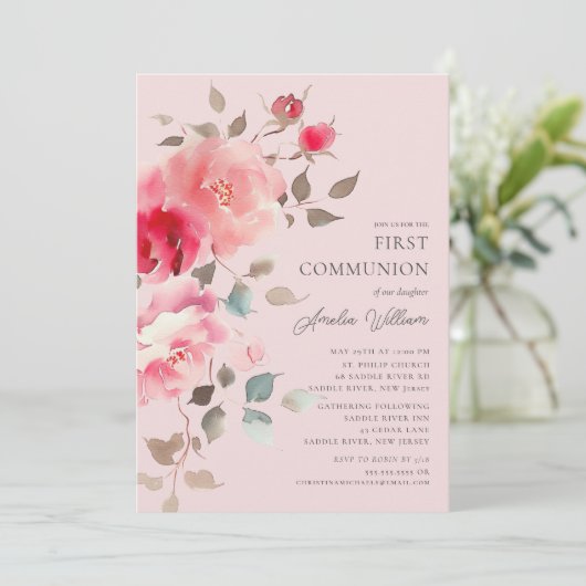 Blush Blossoms eerste communie uitnodiging (Staand voorkant)