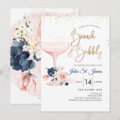 Blush+Blue Bloemen Brunch Bruisende Roze Champagne Kaart (Voorkant / Achterkant)