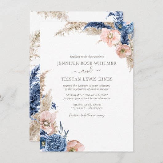 Blush Blue Boho Dried Pampas Waterverf Weddenschap Kaart (Voorkant / Achterkant)