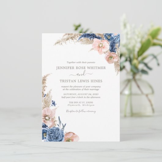 Blush Blue Boho Dried Pampas Waterverf Weddenschap Kaart (Staand voorkant)