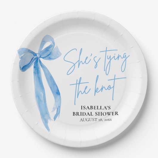 Blush Blue Bow Ze bindt de knoop Vrijgezellenfeest Papieren Bordje (Voorkant)