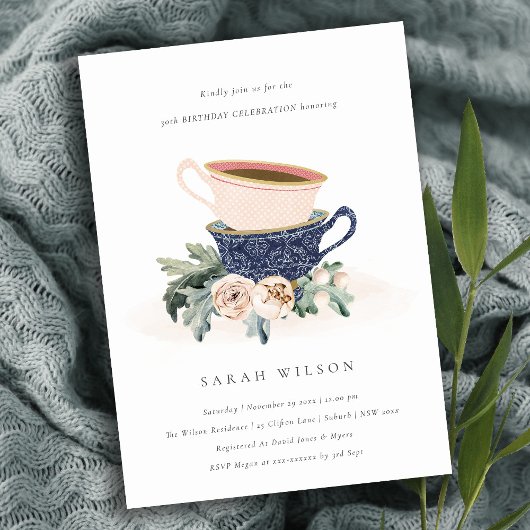 Blush Blue Cups Floral Elke zondag uitnodigen Bedankkaart