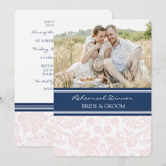 Blush Blue Damask Photo Rehearsal Dinner Party Kaart (Voorkant / Achterkant)