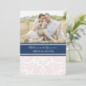 Blush Blue Damask Photo Rehearsal Dinner Party Kaart (Staand voorkant)