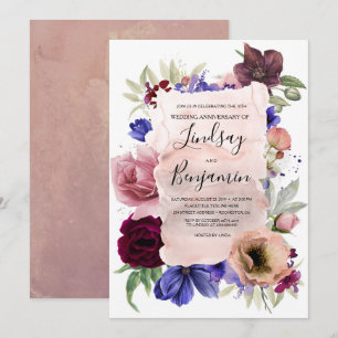 Blush Blue en Burgundy Floral Wedding Jubileum Kaart