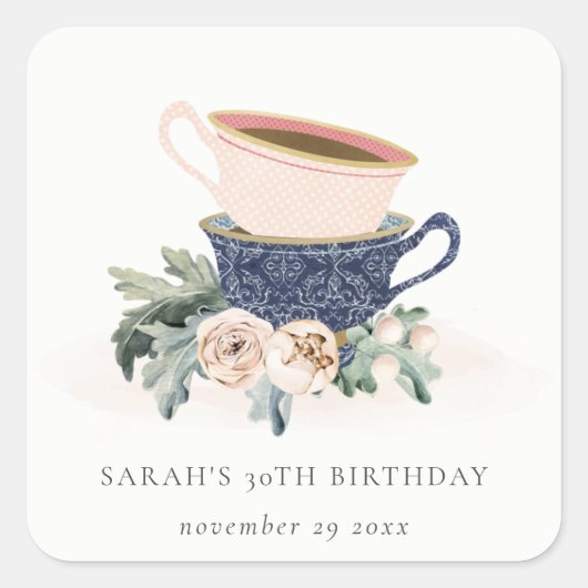 Blush Blue Flora Stapelde Tea Cups elke dag Vierkante Sticker (Voorkant)