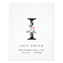 BLUSH BLUE FLORAL ALPHABET NAME I BABY BIRTSTATS