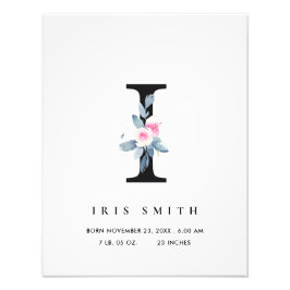 BLUSH BLUE FLORAL ALPHABET NAME I BABY BIRTSTATS FOTO AFDRUK