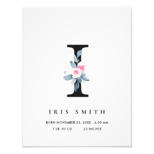 BLUSH BLUE FLORAL ALPHABET NAME I BABY BIRTSTATS FOTO AFDRUK