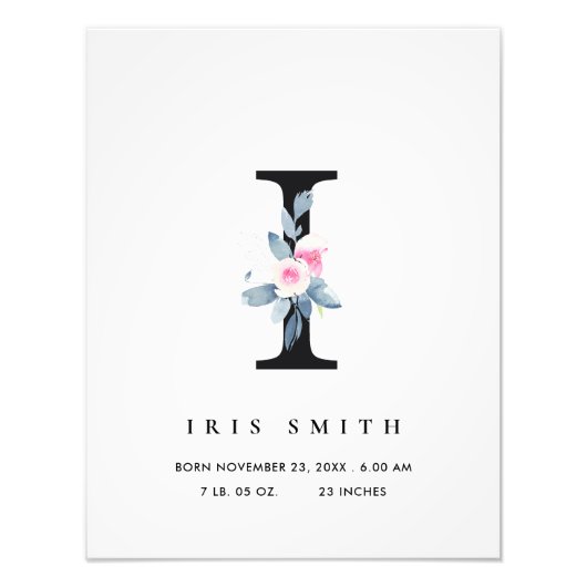 BLUSH BLUE FLORAL ALPHABET NAME I BABY BIRTSTATS FOTO AFDRUK (Voorkant)