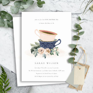 Blush Blue Floral Baby shower Tea Party Invite Bedankkaart