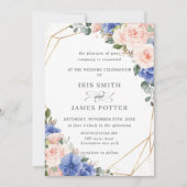 Blush & Blue Floral Rozen Gold Geometric Wedding Kaart (Voorkant)
