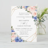 Blush & Blue Floral Rozen Gold Geometric Wedding Kaart (Staand voorkant)