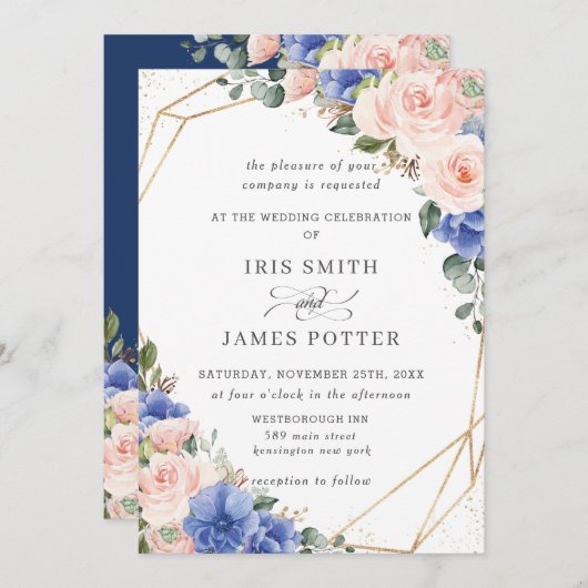 Blush & Blue Floral Rozen Gold Geometric Wedding Kaart (Voorkant / Achterkant)