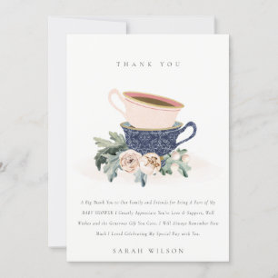Blush Blue Floral Stapelde Tea Cups Baby shower Bedankkaart