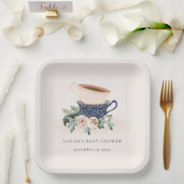 Blush Blue Floral Stapelde Tea Cups Baby shower Papieren Bordje