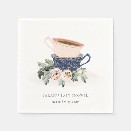 Blush Blue Floral Stapelde Tea Cups Baby shower Servet (Voorkant)
