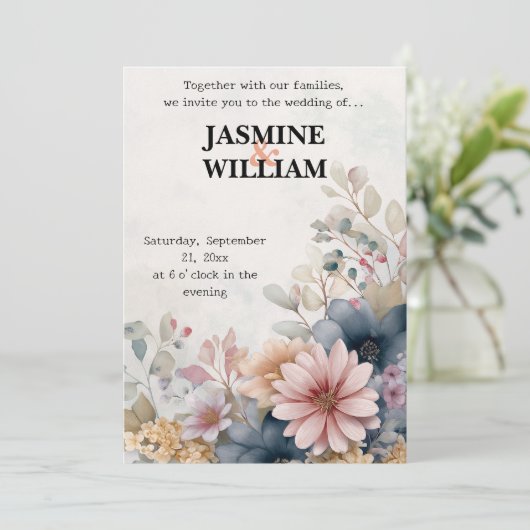 🌺 Blush & Blue Floral Uitnodiging voor het Huweli (Staand voorkant)