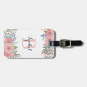 Blush & Blue Flowers Polka Dot Monogram Bagagelabel (Voorkant horizontaal)