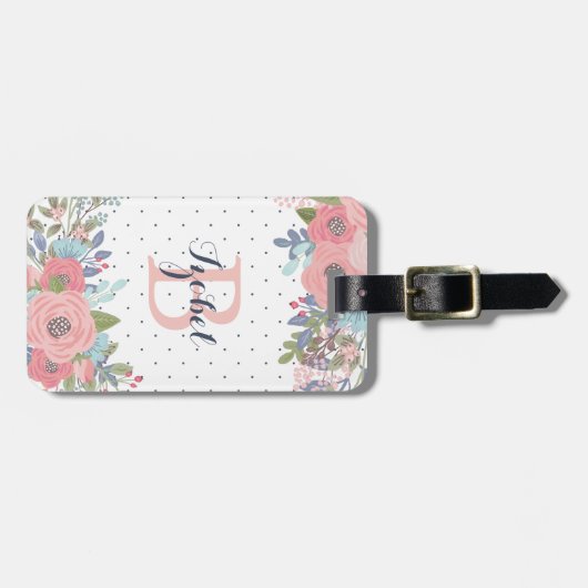 Blush & Blue Flowers Polka Dot Monogram Bagagelabel (Voorkant horizontaal)