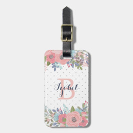 Blush & Blue Flowers Polka Dot Monogram Bagagelabel