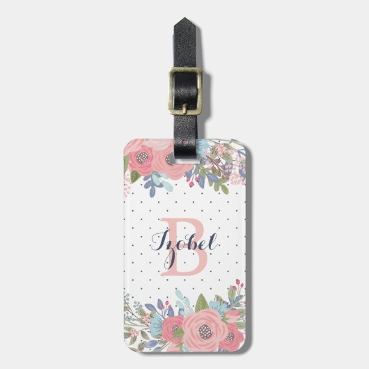 Blush & Blue Flowers Polka Dot Monogram Bagagelabel (Voorkant verticaal)