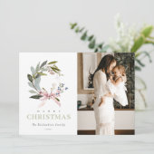 Blush Blue Green Winter Kerstkrans Foto Feestdagenkaart (Staand voorkant)