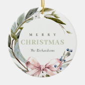 Blush Blue Green Winter Kerstkrans Foto Keramisch Ornament (Voorkant)