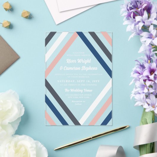 Blush Blue Grey Diamond Stripes Moderne bruiloft Acryl Uitnodigingen (Insitu (Huwelijk))