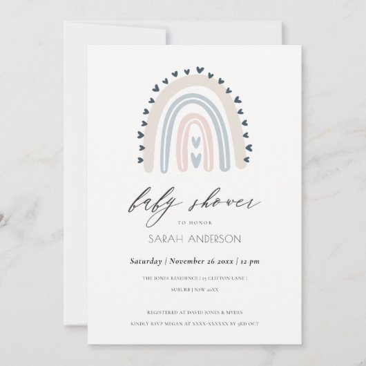 BLUSH BLUE HEART RAINBOW BABY SHOWER INVITE BEDANKKAART (Voorkant)