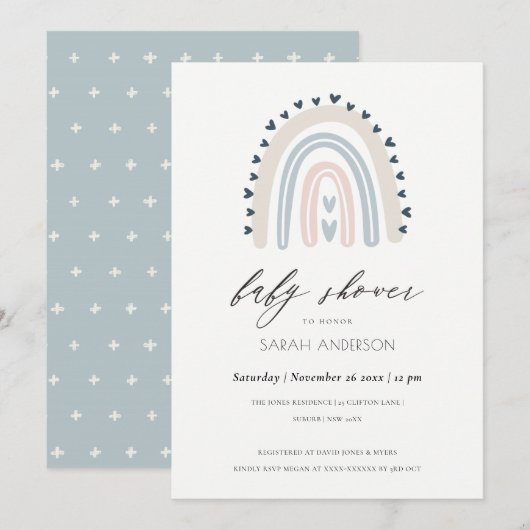 BLUSH BLUE HEART RAINBOW BABY SHOWER INVITE BEDANKKAART (Voorkant / Achterkant)