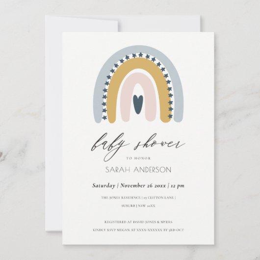 BLUSH BLUE HEART RAINBOW BABY SHOWER INVITE BEDANKKAART (Voorkant)