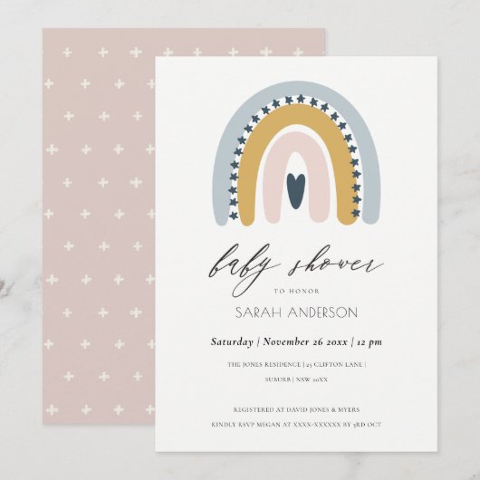 BLUSH BLUE HEART RAINBOW BABY SHOWER INVITE BEDANKKAART (Voorkant / Achterkant)