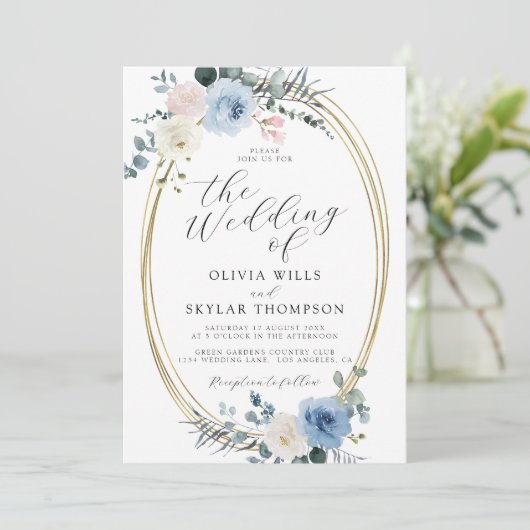 Blush Blue Light Beach Tropical Boho Wedding Kaart (Staand voorkant)